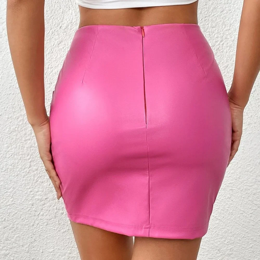Hot Pink Boho Womens Solid Ruched Wrap Hem PU Skirt - Picture 2 of 5